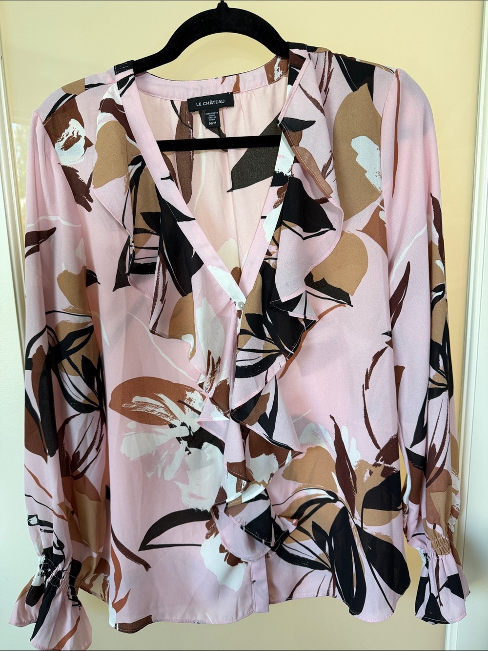 le chateau Pink Brown Floral Ruffle V-Neck Blouse with Black Accents